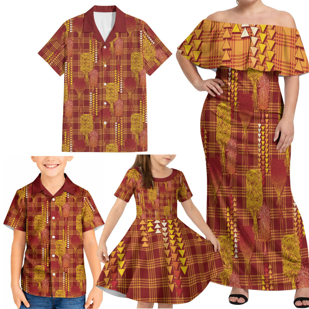 Aloha Hawaii Vintage Kahili Pa'a Lima Family Matching Off Shoulder Maxi Dress and Hawaiian Shirt Palaka Print Hilo Royal Red-Yellow LT7 - Polynesian Pride