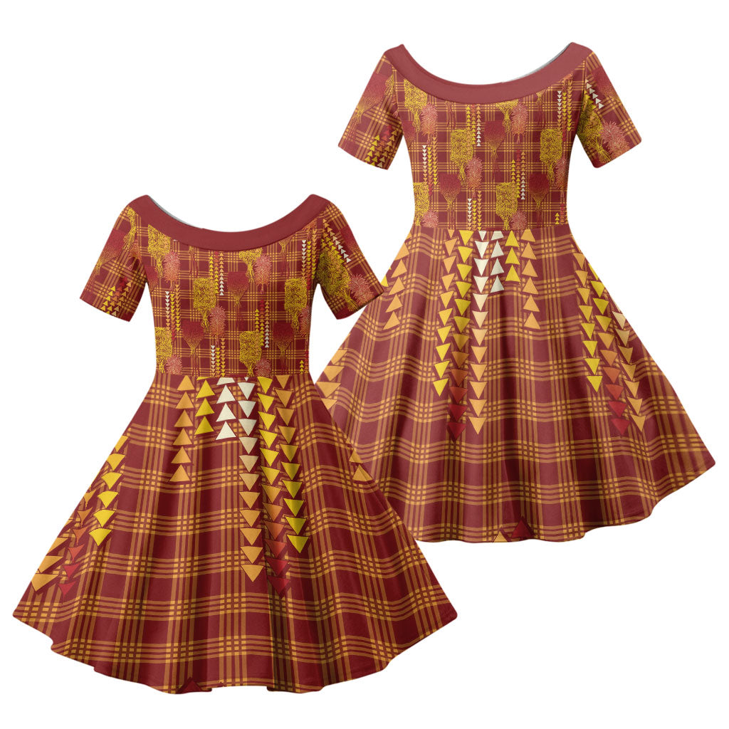 Aloha Hawaii Vintage Kahili Pa'a Lima Family Matching Off Shoulder Maxi Dress and Hawaiian Shirt Palaka Print Hilo Royal Red-Yellow
