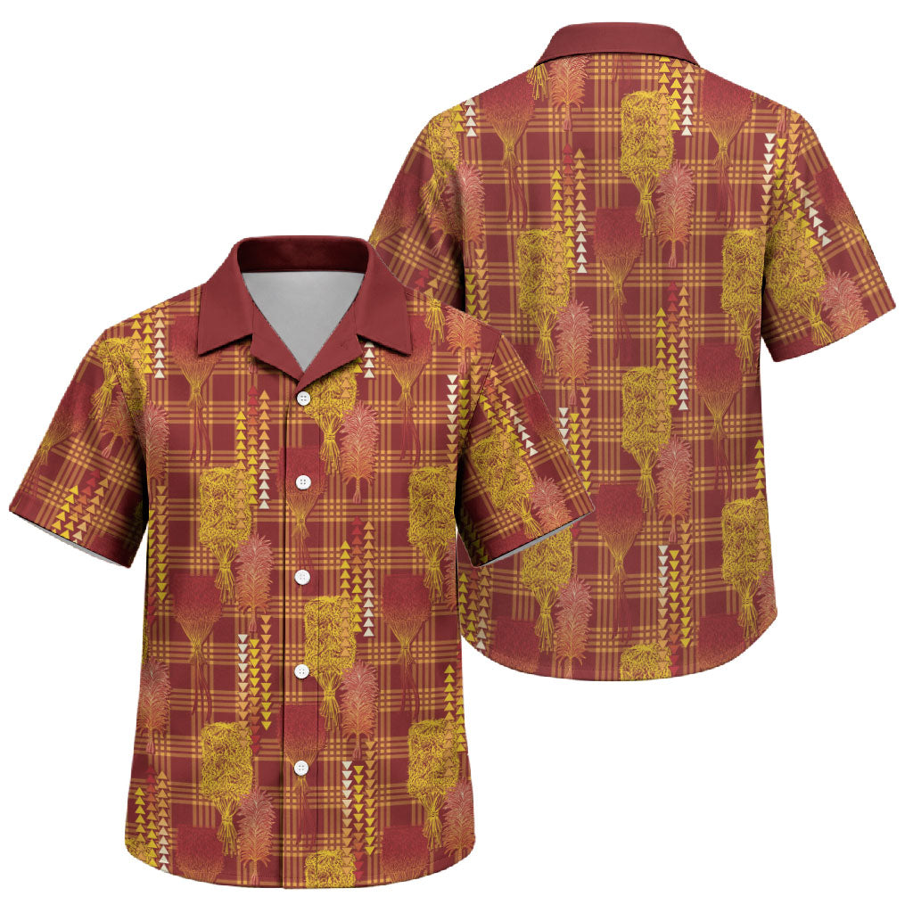 Aloha Hawaii Vintage Kahili Pa'a Lima Family Matching Off Shoulder Maxi Dress and Hawaiian Shirt Palaka Print Hilo Royal Red-Yellow