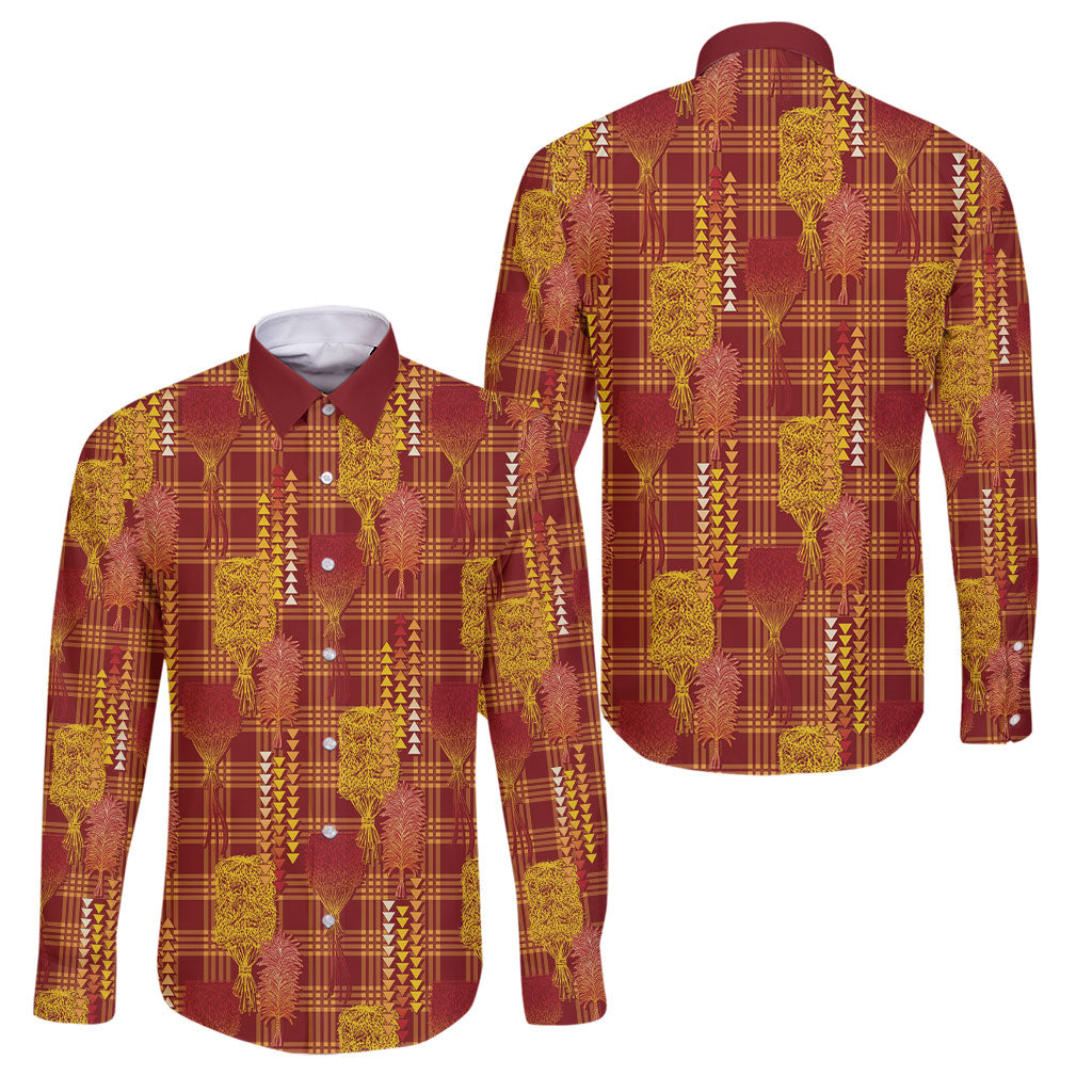 Aloha Hawaii Vintage Kahili Pa'a Lima Family Matching Puletasi and Hawaiian Shirt Palaka Print Hilo Royal Red-Yellow