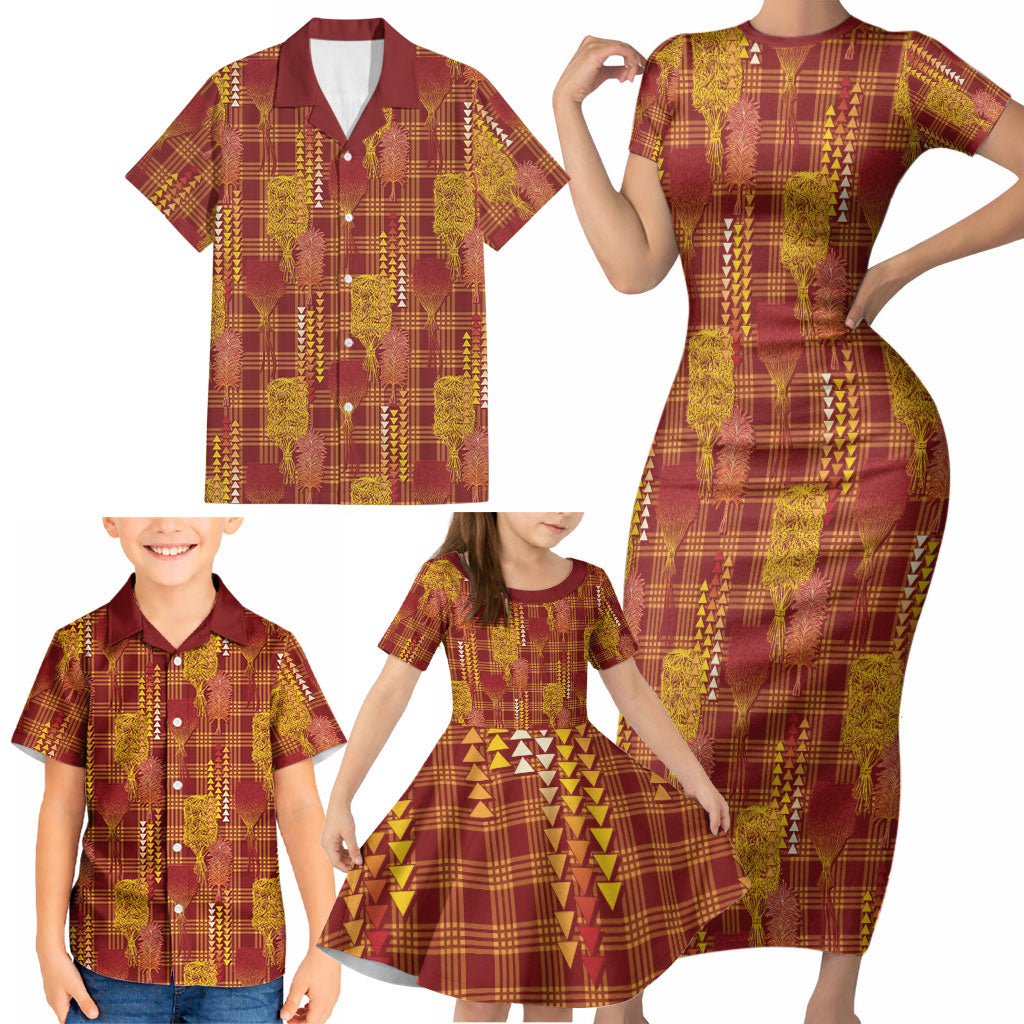 Aloha Hawaii Vintage Kahili Pa'a Lima Family Matching Short Sleeve Bodycon Dress and Hawaiian Shirt Palaka Print Hilo Royal Red-Yellow LT7 - Polynesian Pride