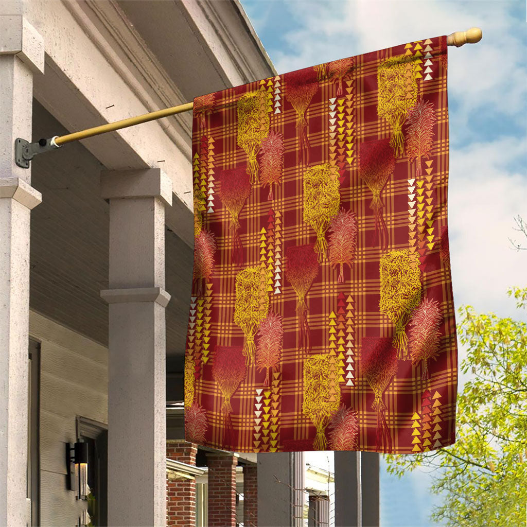 Aloha Hawaii Vintage Kahili Pa'a Lima Garden Flag Palaka Print Hilo Royal Red-Yellow