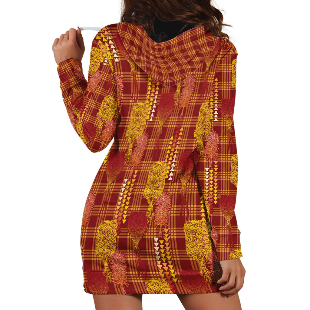 Aloha Hawaii Vintage Kahili Pa'a Lima Hoodie Dress Palaka Print Hilo Royal Red-Yellow