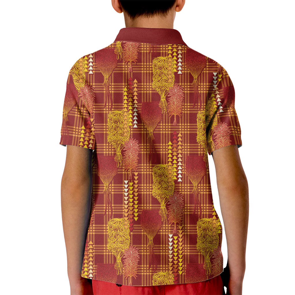Aloha Hawaii Vintage Kahili Pa'a Lima Kid Polo Shirt Palaka Print Hilo Royal Red-Yellow