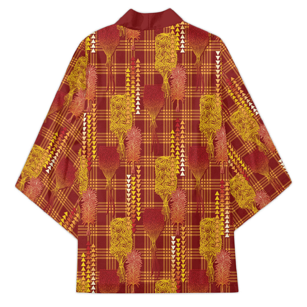Aloha Hawaii Vintage Kahili Pa'a Lima Kimono Palaka Print Hilo Royal Red-Yellow