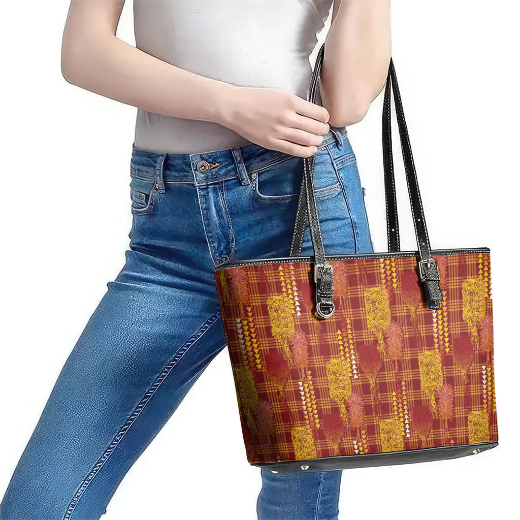 Aloha Hawaii Vintage Kahili Pa'a Lima Leather Tote Bag Palaka Print Hilo Royal Red-Yellow