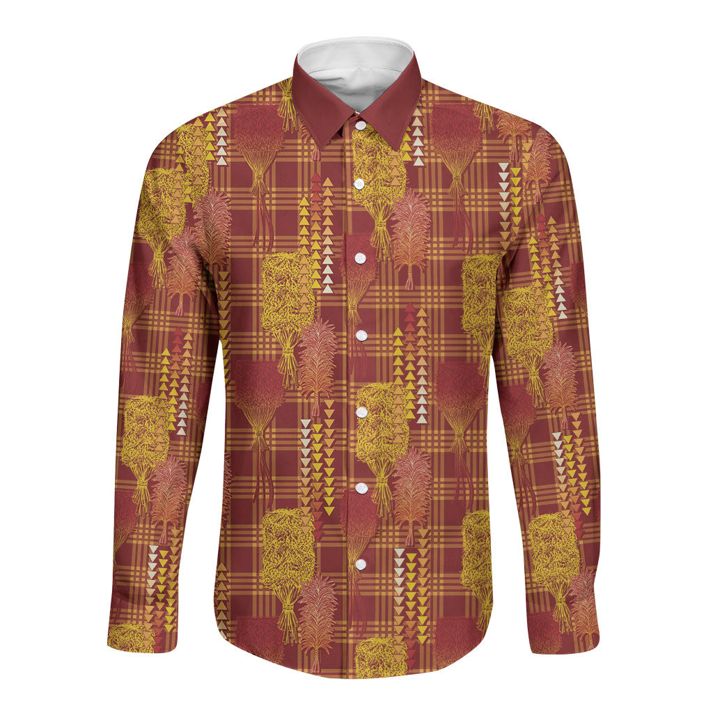 Aloha Hawaii Vintage Kahili Pa'a Lima Long Sleeve Button Shirt Palaka Print Hilo Royal Red-Yellow