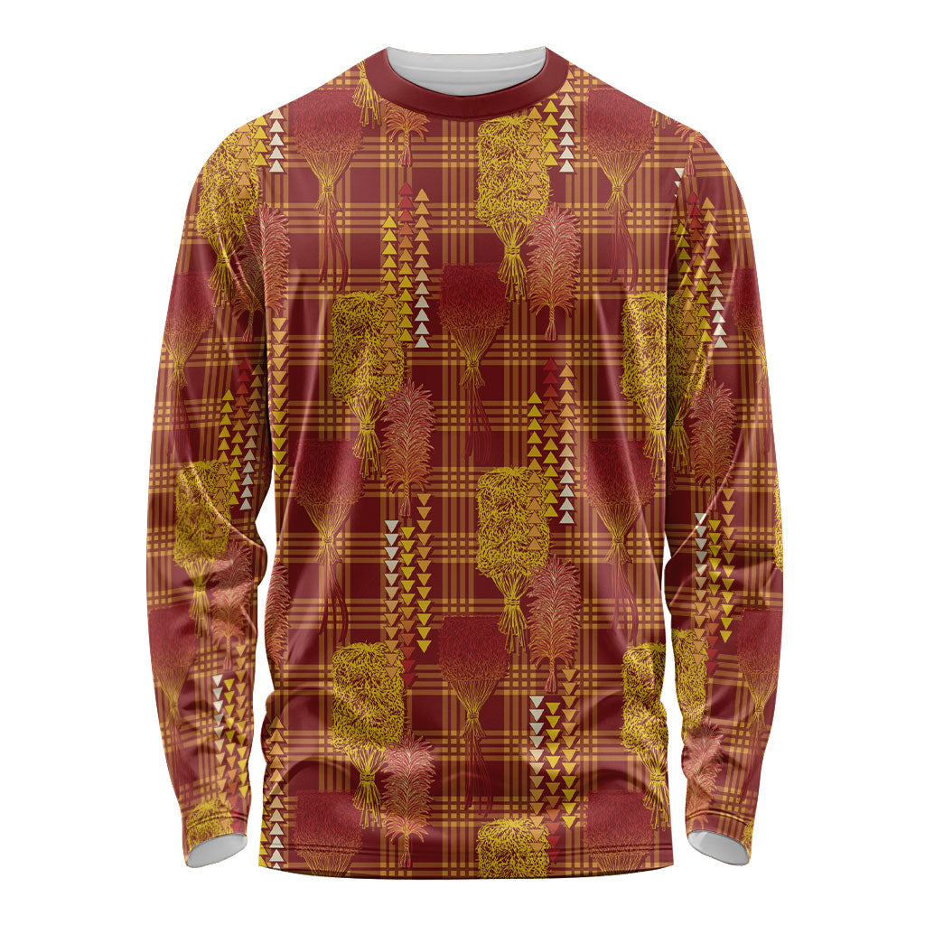 Aloha Hawaii Vintage Kahili Pa'a Lima Long Sleeve Shirt Palaka Print Hilo Royal Red-Yellow