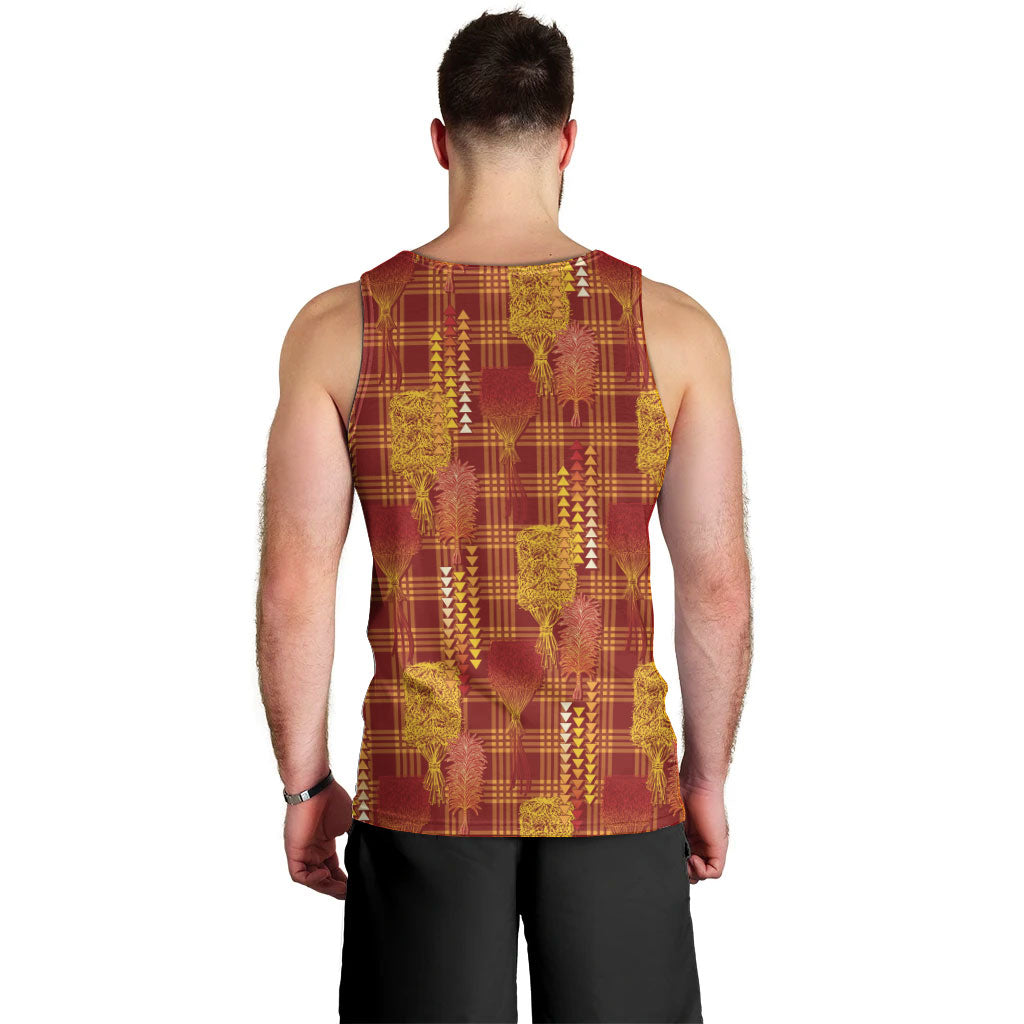 Aloha Hawaii Vintage Kahili Pa'a Lima Men Tank Top Palaka Print Hilo Royal Red-Yellow