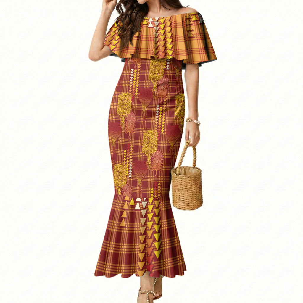 Aloha Hawaii Vintage Kahili Pa'a Lima Mermaid Dress Palaka Print Hilo Royal Red-Yellow