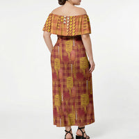 Aloha Hawaii Vintage Kahili Pa'a Lima Off Shoulder Maxi Dress Palaka Print Hilo Royal Red-Yellow
