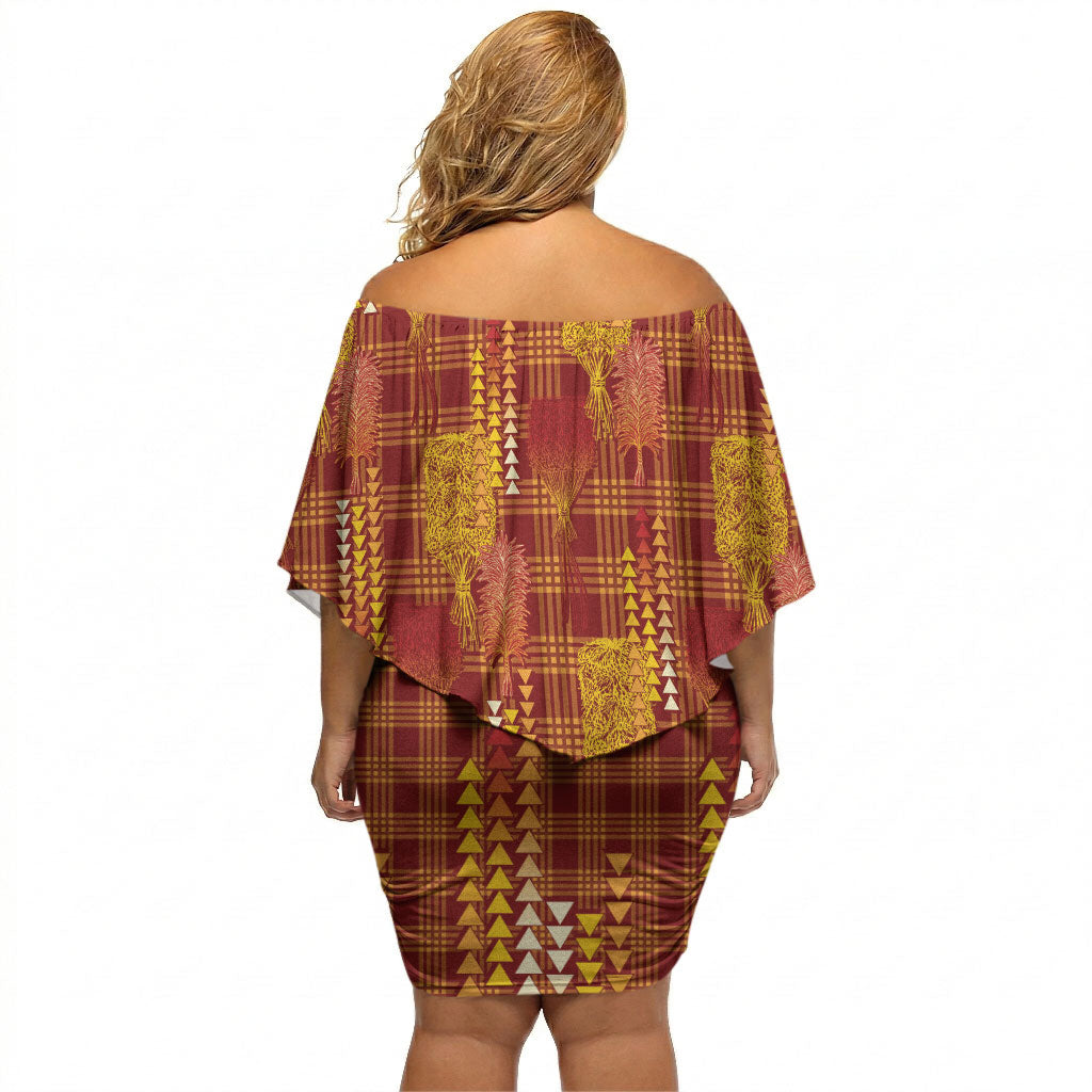 Aloha Hawaii Vintage Kahili Pa'a Lima Off Shoulder Short Dress Palaka Print Hilo Royal Red-Yellow
