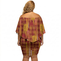 Aloha Hawaii Vintage Kahili Pa'a Lima Off Shoulder Short Dress Palaka Print Hilo Royal Red-Yellow