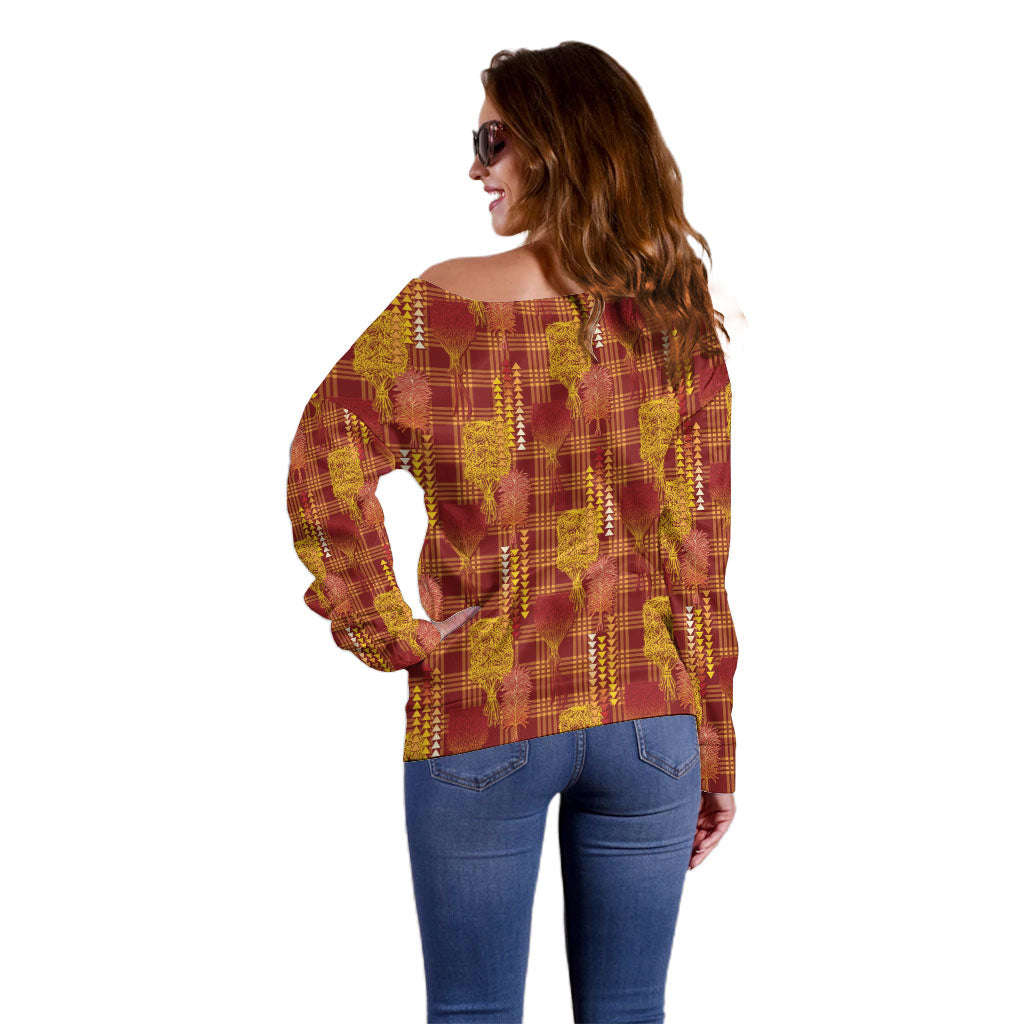 Aloha Hawaii Vintage Kahili Pa'a Lima Off Shoulder Sweater Palaka Print Hilo Royal Red-Yellow