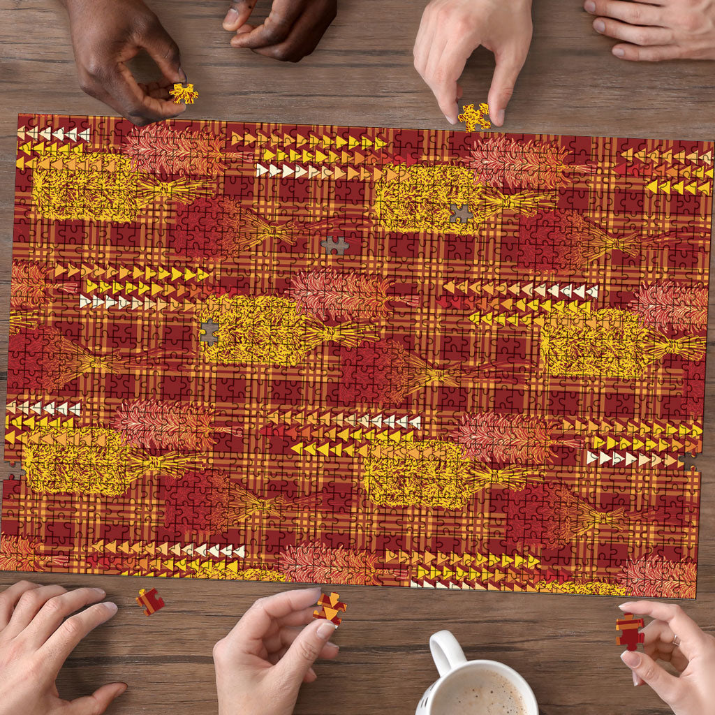 Aloha Hawaii Vintage Kahili Pa'a Lima Puzzle Palaka Print Hilo Royal Red-Yellow