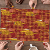 Aloha Hawaii Vintage Kahili Pa'a Lima Puzzle Palaka Print Hilo Royal Red-Yellow