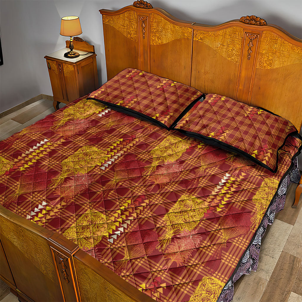 Aloha Hawaii Vintage Kahili Pa'a Lima Quilt Bed Set Palaka Print Hilo Royal Red-Yellow