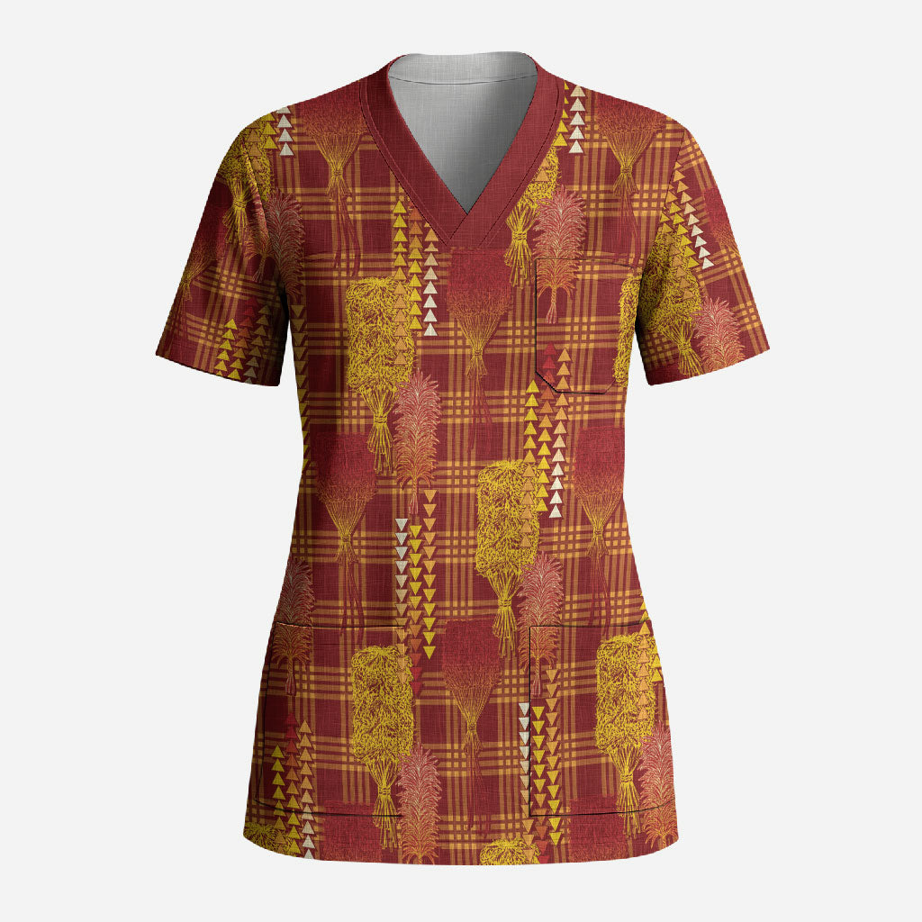 Aloha Hawaii Vintage Kahili Pa'a Lima Scrub Top Palaka Print Hilo Royal Red-Yellow LT7 Adult Red - Polynesian Pride