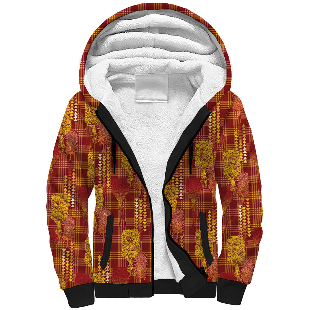 Aloha Hawaii Vintage Kahili Pa'a Lima Sherpa Hoodie Palaka Print Hilo Royal Red-Yellow LT7 Unisex Red - Polynesian Pride