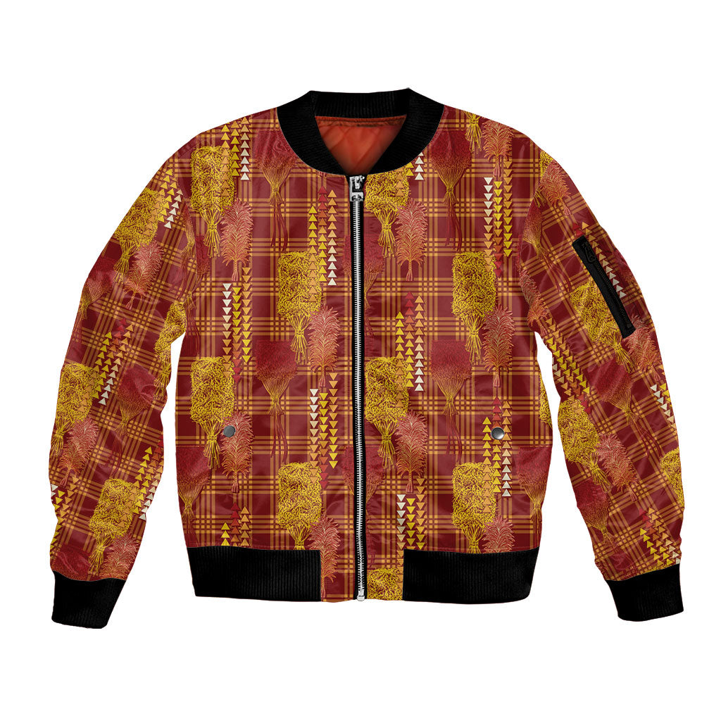 Aloha Hawaii Vintage Kahili Pa'a Lima Sleeve Zip Bomber Jacket Palaka Print Hilo Royal Red-Yellow