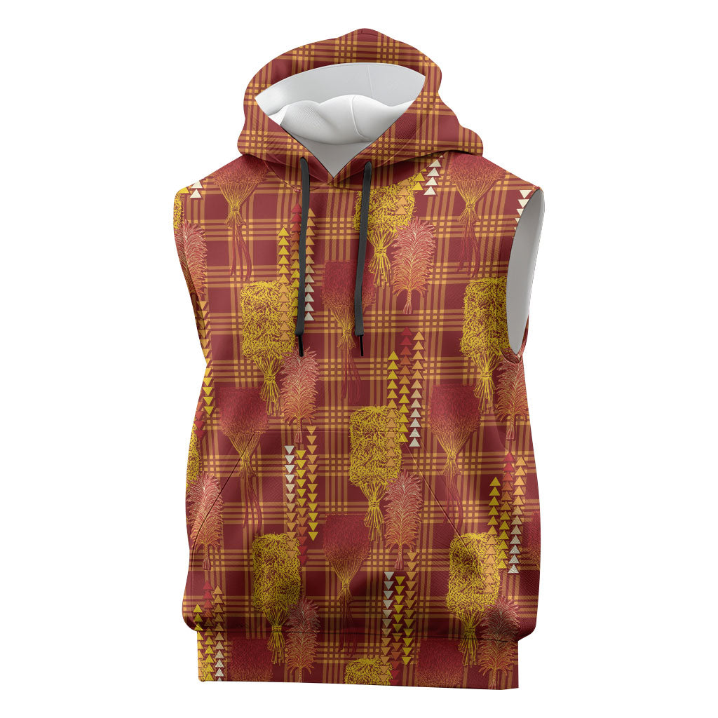 Aloha Hawaii Vintage Kahili Pa'a Lima Sleeveless Hoodie Palaka Print Hilo Royal Red-Yellow LT7 Red - Polynesian Pride