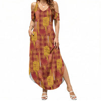 Aloha Hawaii Vintage Kahili Pa'a Lima Summer Maxi Dress Palaka Print Hilo Royal Red-Yellow