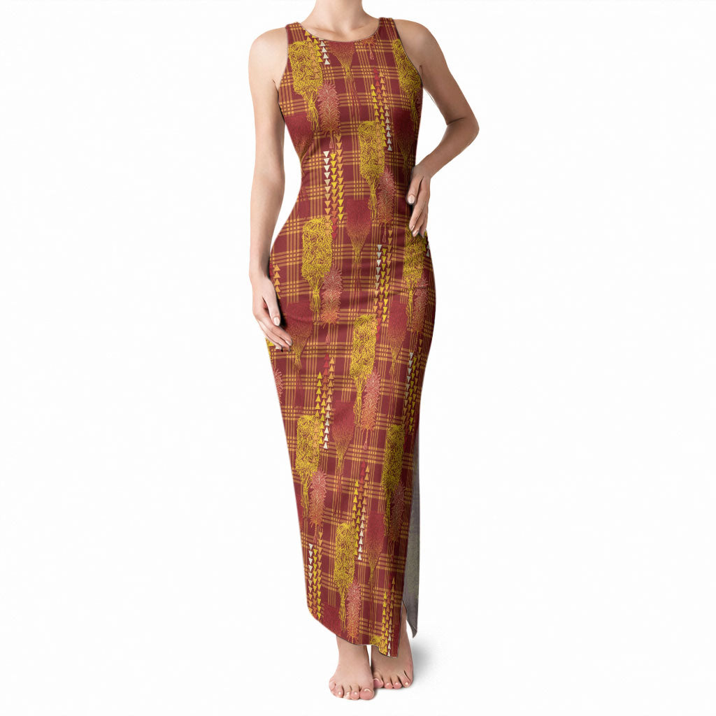 Aloha Hawaii Vintage Kahili Pa'a Lima Tank Maxi Dress Palaka Print Hilo Royal Red-Yellow