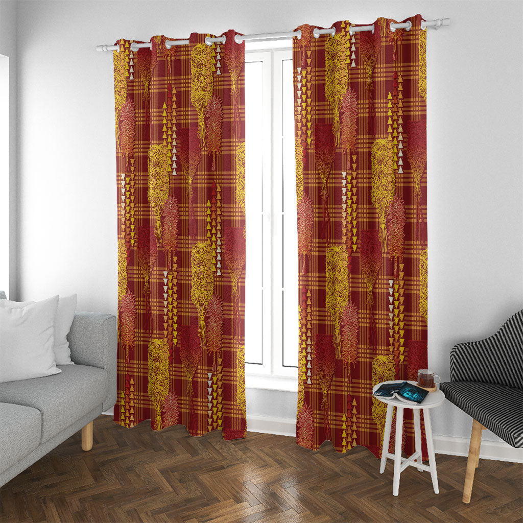 Aloha Hawaii Vintage Kahili Pa'a Lima Window Curtain Palaka Print Hilo Royal Red-Yellow