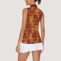 Aloha Hawaii Vintage Kahili Pa'a Lima Women Sleeveless Polo Shirt Palaka Print Hilo Royal Red-Yellow