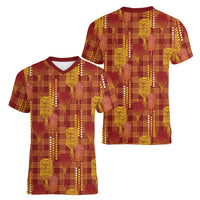 Aloha Hawaii Vintage Kahili Pa'a Lima Women V-Neck T-Shirt Palaka Print Hilo Royal Red-Yellow