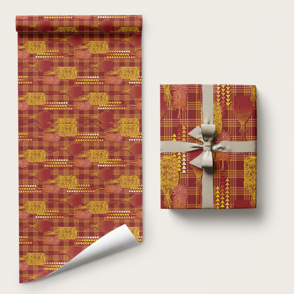 Aloha Hawaii Vintage Kahili Pa'a Lima Wrapping Paper Palaka Print Hilo Royal Red-Yellow LT7 58" × 23" Red - Polynesian Pride