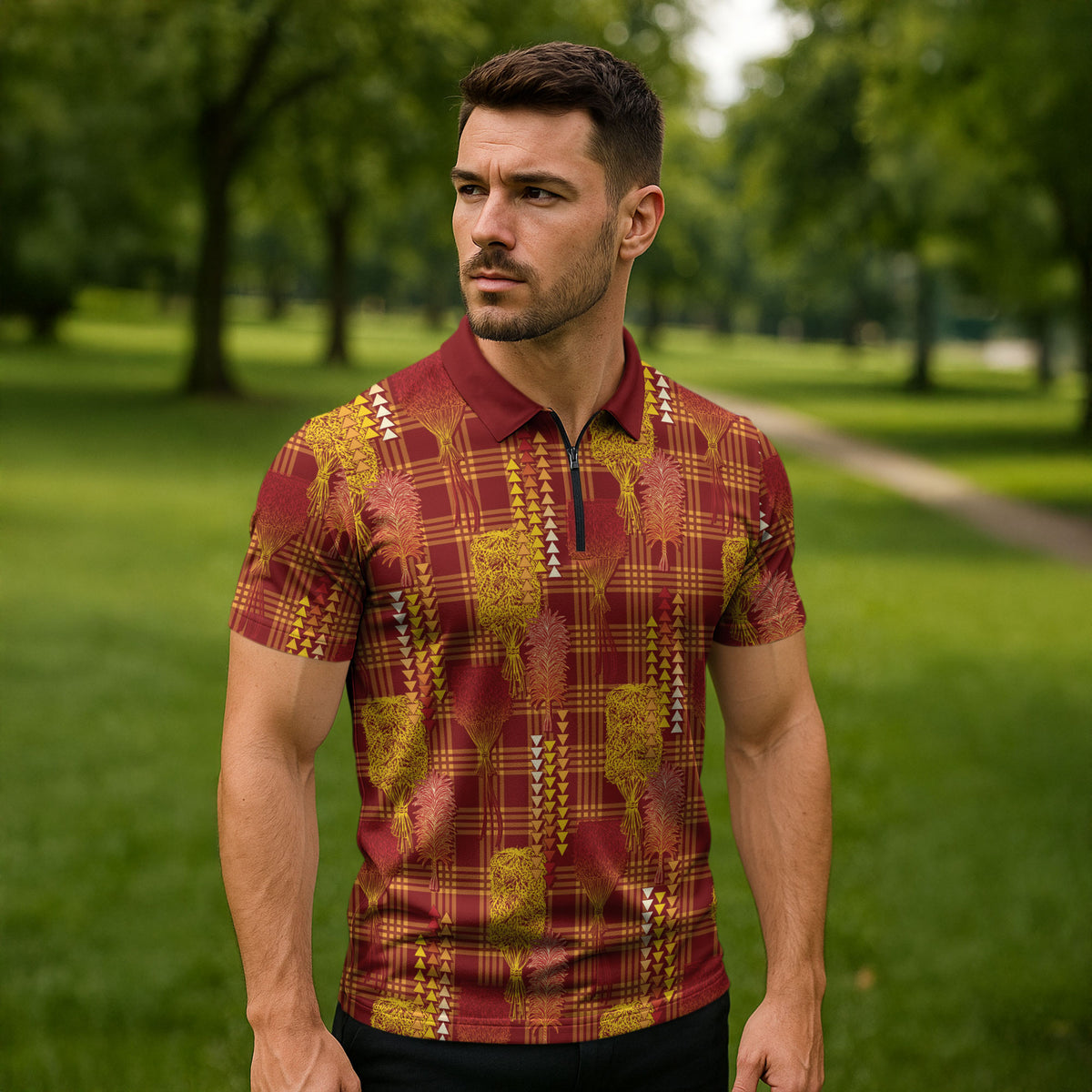 Aloha Hawaii Vintage Kahili Pa'a Lima Zipper Polo Shirt Palaka Print Hilo Royal Red-Yellow