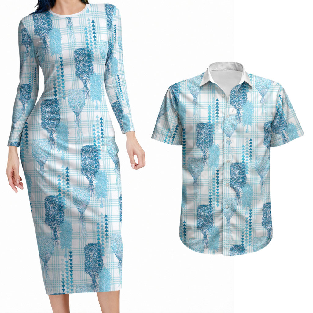 Aloha Hawaii Vintage Kahili Pa'a Lima Couples Matching Long Sleeve Bodycon Dress and Hawaiian Shirt Palaka Print Oceanic Turquoise