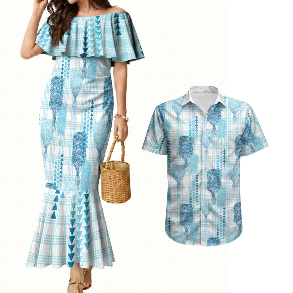 Aloha Hawaii Vintage Kahili Pa'a Lima Couples Matching Mermaid Dress and Hawaiian Shirt Palaka Print Oceanic Turquoise