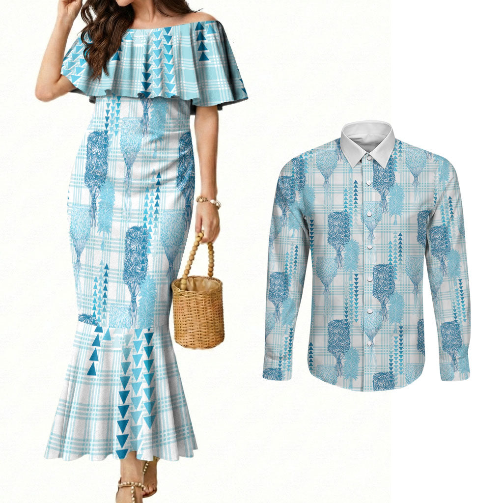 Aloha Hawaii Vintage Kahili Pa'a Lima Couples Matching Mermaid Dress and Long Sleeve Button Shirt Palaka Print Oceanic Turquoise
