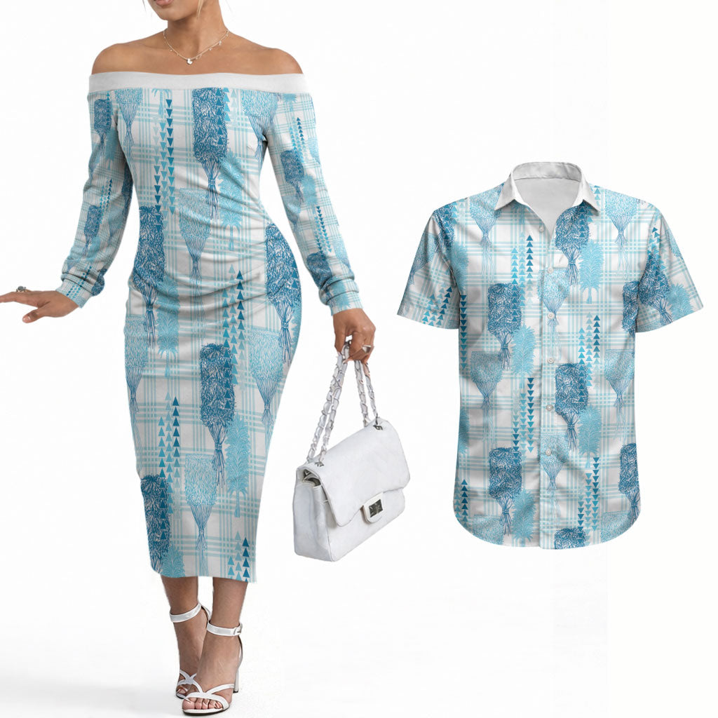 Aloha Hawaii Vintage Kahili Pa'a Lima Couples Matching Off The Shoulder Long Sleeve Dress and Hawaiian Shirt Palaka Print Oceanic Turquoise LT7 Turquoise - Polynesian Pride