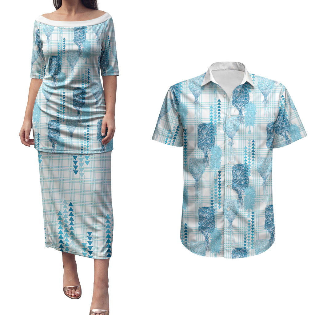 Aloha Hawaii Vintage Kahili Pa'a Lima Couples Matching Puletasi and Hawaiian Shirt Palaka Print Oceanic Turquoise