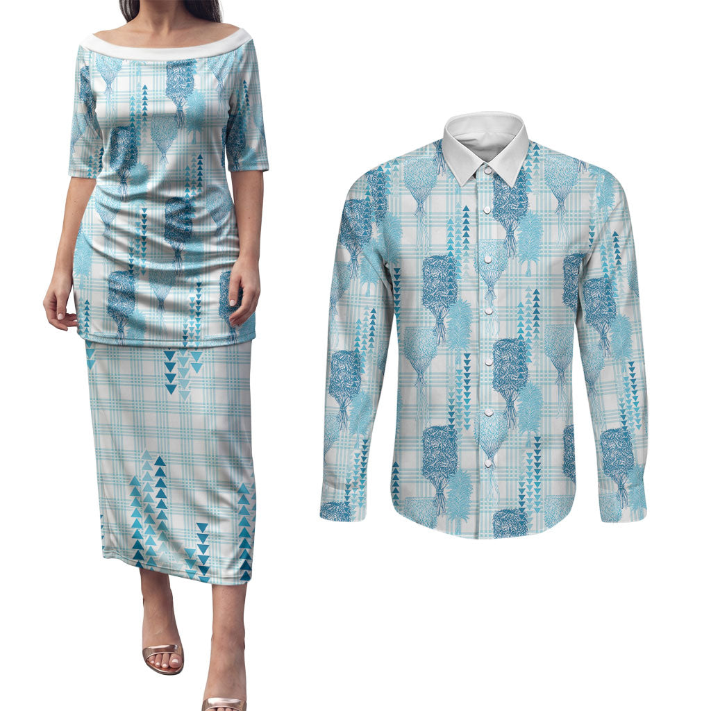 Aloha Hawaii Vintage Kahili Pa'a Lima Couples Matching Puletasi and Long Sleeve Button Shirt Palaka Print Oceanic Turquoise