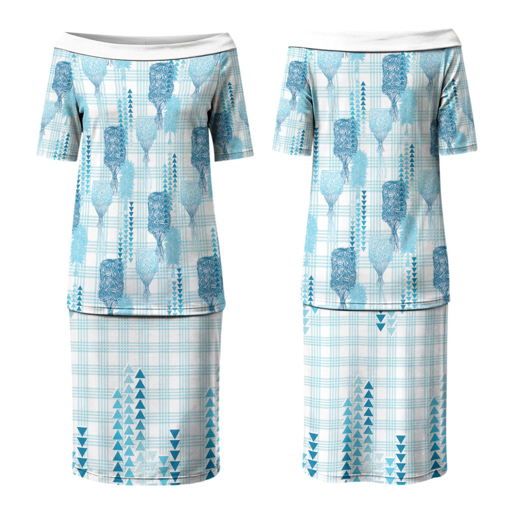 Aloha Hawaii Vintage Kahili Pa'a Lima Couples Matching Puletasi and Long Sleeve Button Shirt Palaka Print Oceanic Turquoise
