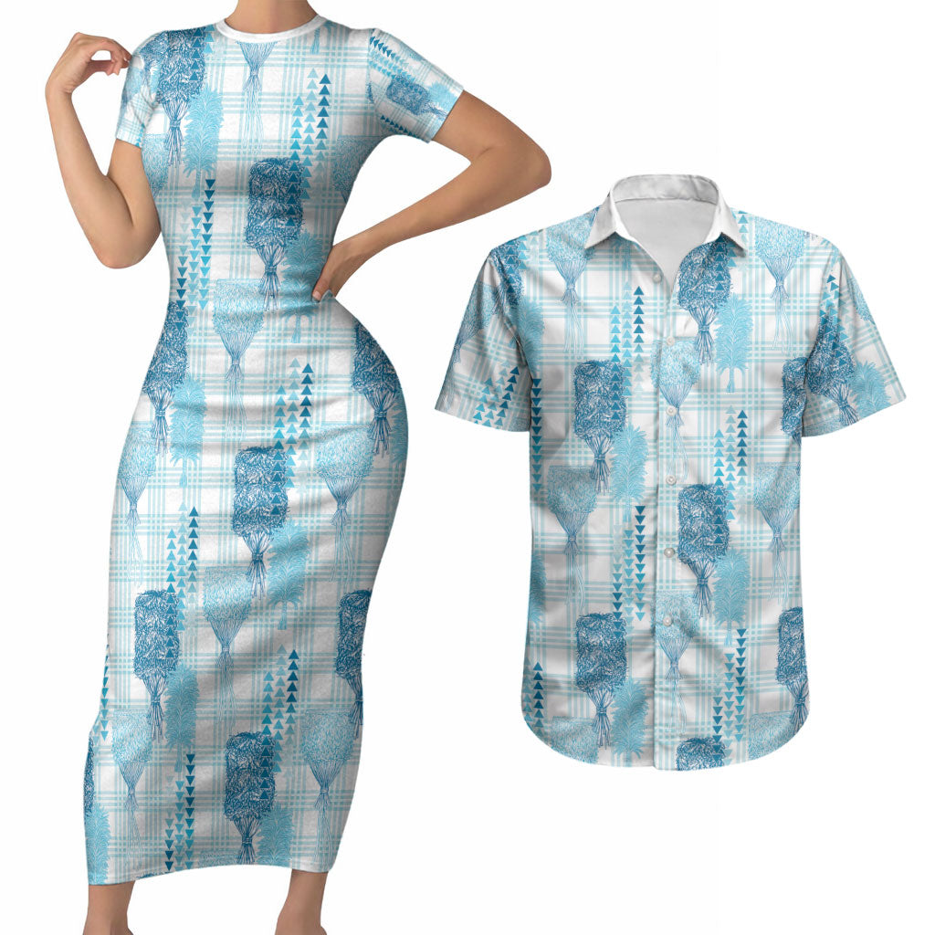 Aloha Hawaii Vintage Kahili Pa'a Lima Couples Matching Short Sleeve Bodycon Dress and Hawaiian Shirt Palaka Print Oceanic Turquoise