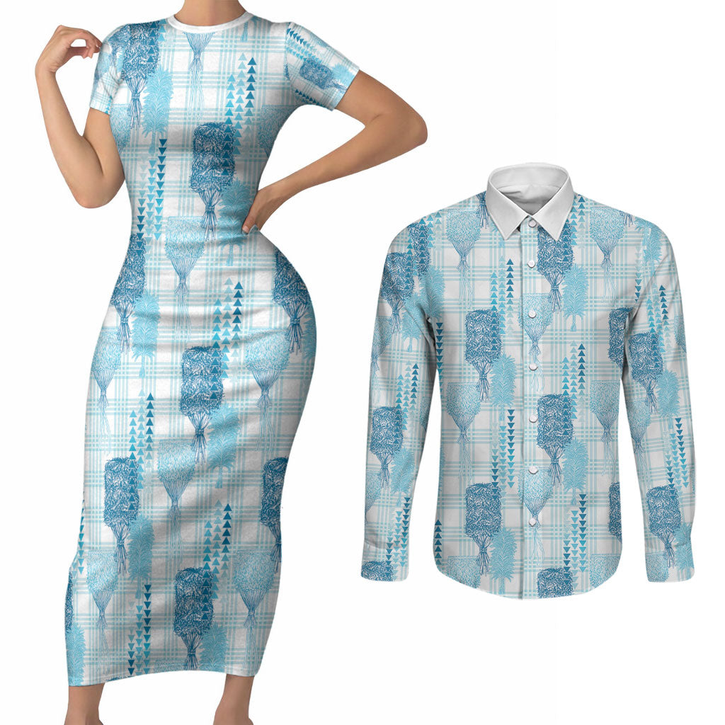Aloha Hawaii Vintage Kahili Pa'a Lima Couples Matching Short Sleeve Bodycon Dress and Long Sleeve Button Shirt Palaka Print Oceanic Turquoise