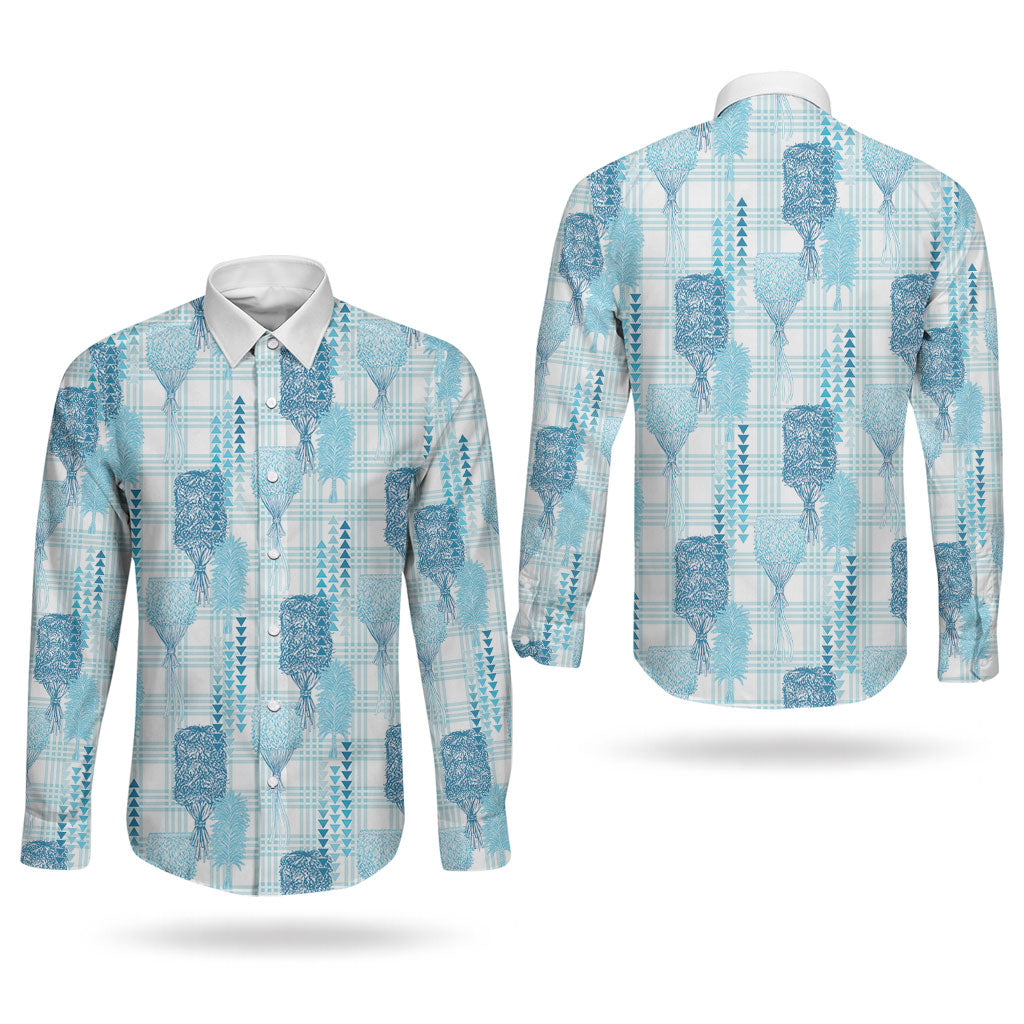 Aloha Hawaii Vintage Kahili Pa'a Lima Couples Matching Summer Maxi Dress and Long Sleeve Button Shirt Palaka Print Oceanic Turquoise