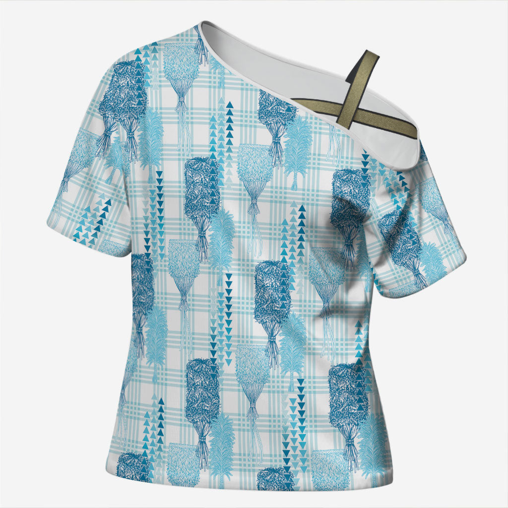Aloha Hawaii Vintage Kahili Pa'a Lima Cross Shoulder Shirt Palaka Print Oceanic Turquoise LT7 Female Turquoise - Polynesian Pride