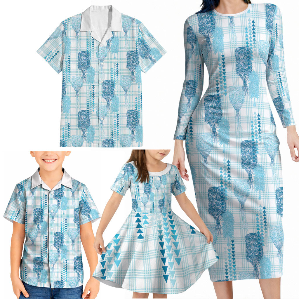 Aloha Hawaii Vintage Kahili Pa'a Lima Family Matching Long Sleeve Bodycon Dress and Hawaiian Shirt Palaka Print Oceanic Turquoise LT7 - Polynesian Pride