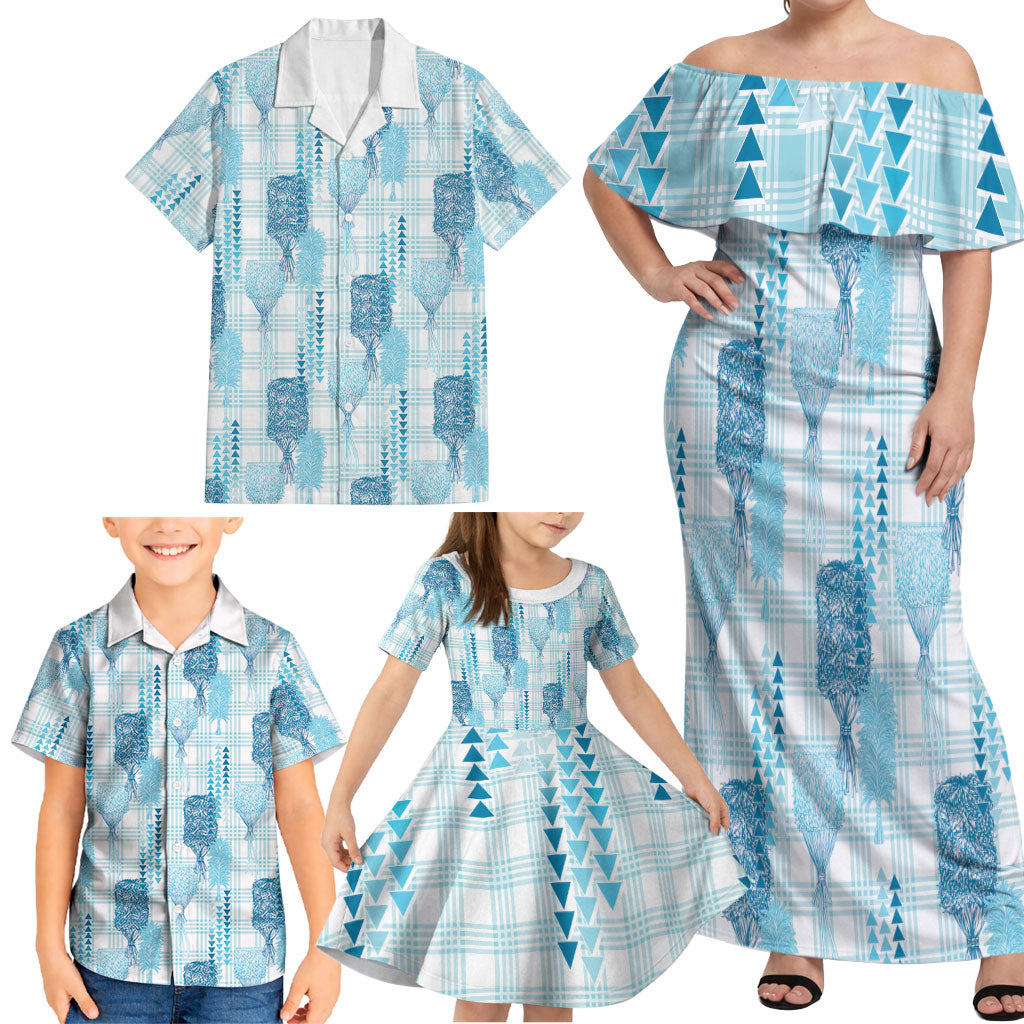Aloha Hawaii Vintage Kahili Pa'a Lima Family Matching Off Shoulder Maxi Dress and Hawaiian Shirt Palaka Print Oceanic Turquoise LT7 - Polynesian Pride