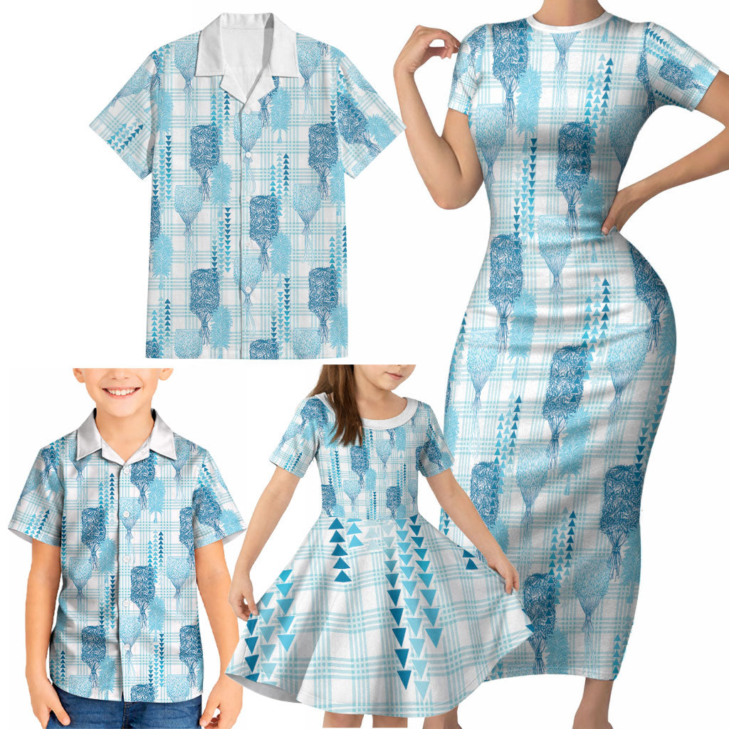 Aloha Hawaii Vintage Kahili Pa'a Lima Family Matching Short Sleeve Bodycon Dress and Hawaiian Shirt Palaka Print Oceanic Turquoise LT7 - Polynesian Pride