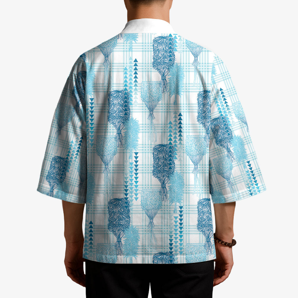 Aloha Hawaii Vintage Kahili Pa'a Lima Kimono Palaka Print Oceanic Turquoise
