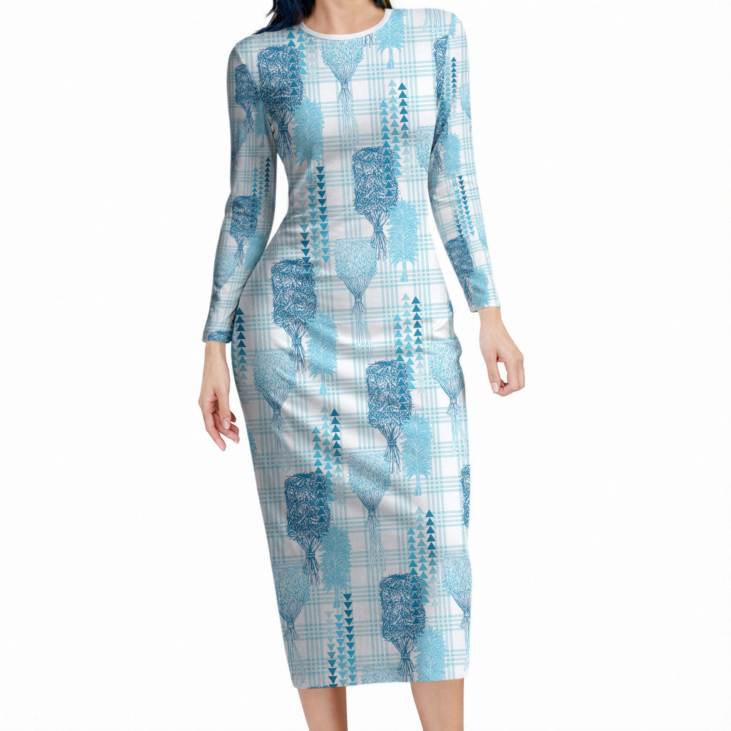 Aloha Hawaii Vintage Kahili Pa'a Lima Long Sleeve Bodycon Dress Palaka Print Oceanic Turquoise