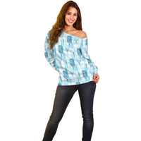Aloha Hawaii Vintage Kahili Pa'a Lima Off Shoulder Sweater Palaka Print Oceanic Turquoise