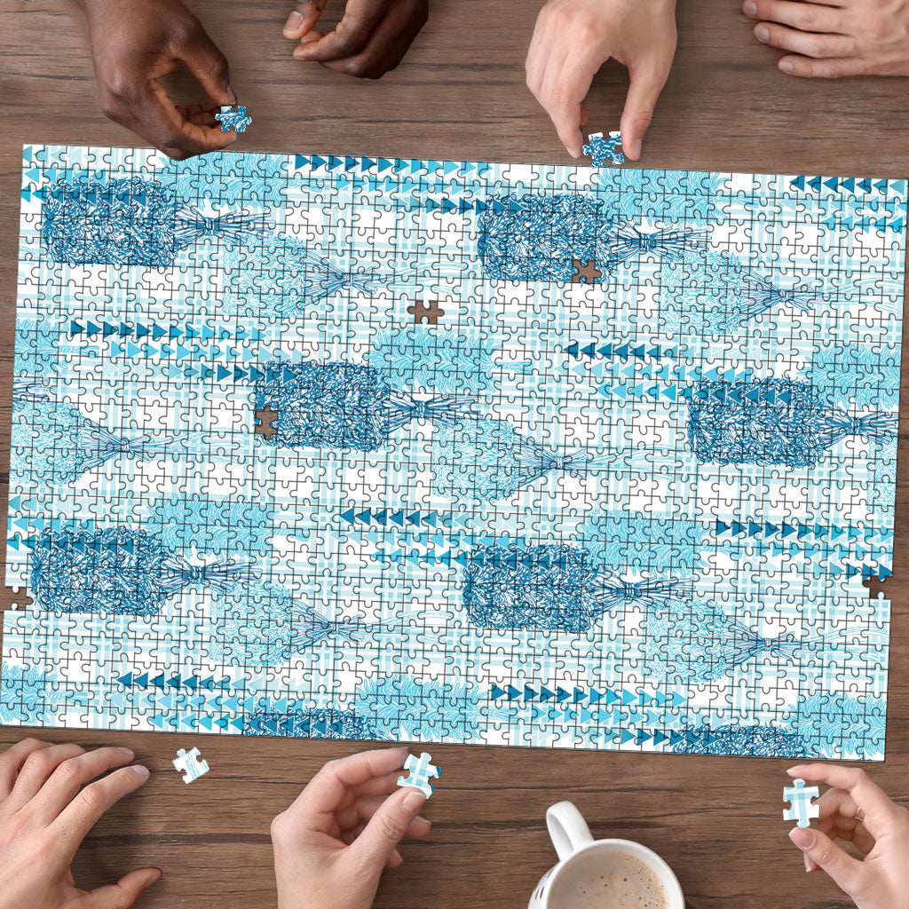 Aloha Hawaii Vintage Kahili Pa'a Lima Puzzle Palaka Print Oceanic Turquoise